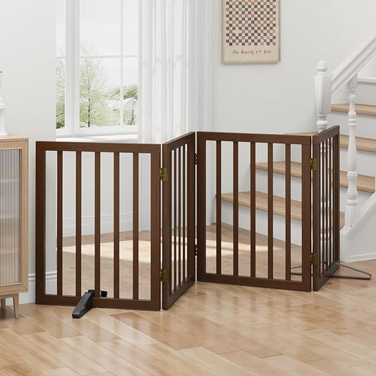Dog Gates for Doorways, Freestanding Foldable Dog Gate Indoor, Pet Gates for Doorways Bedroom, Puppy Gate with Metal Support Feet, 4 Panels (Rustic tan)