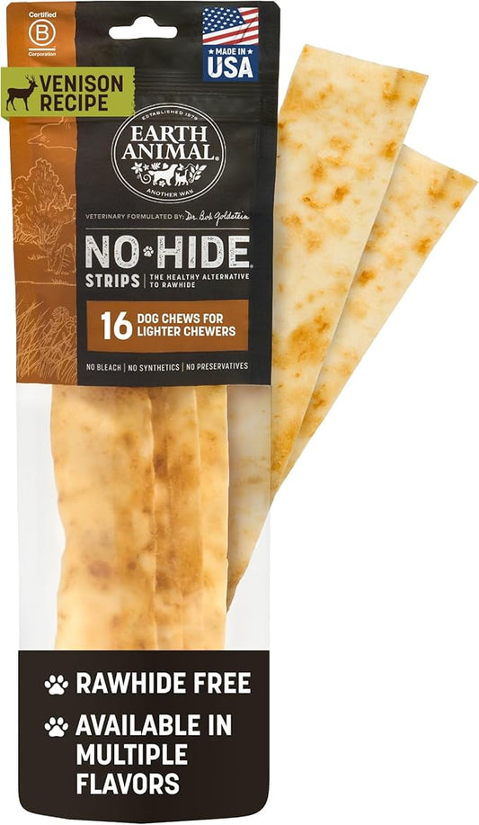 Earth Animal No Hide Strips - Natural Rawhide Free Dog Chew Strips, Venison - 16 Count (Pack of 4)