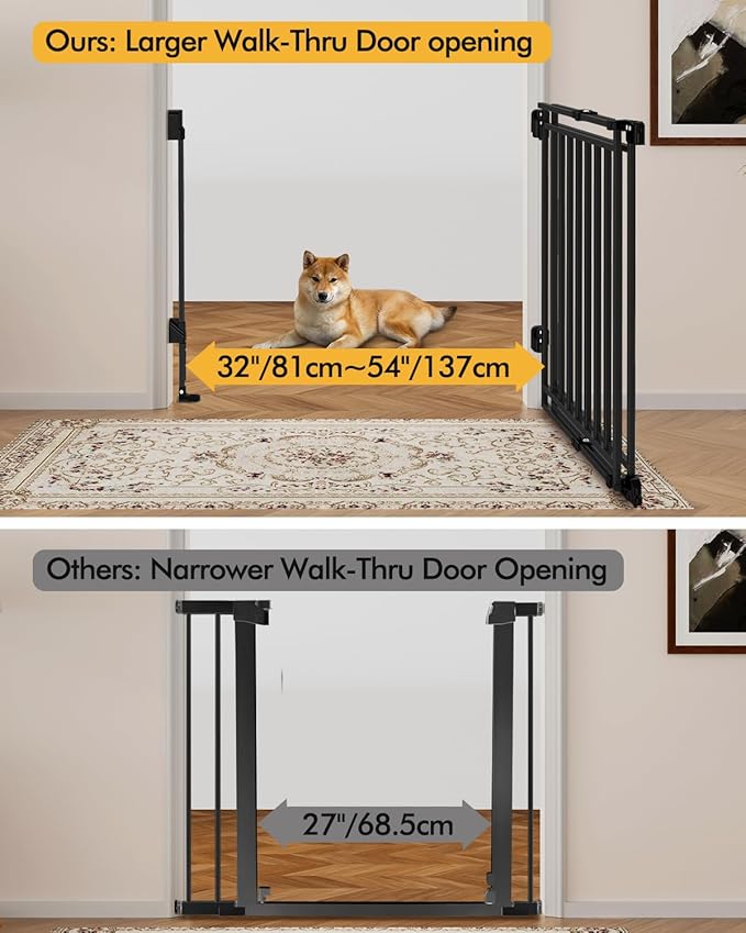 Extra Wide Baby Gate for Stairs Doorways & Kitchen,32"-54" W x 29" H, No Bottom Bar Dog Gate, One-Handed Auto-Close, Hardware Mount Safety Gate for Dogs & Toddlers, Black