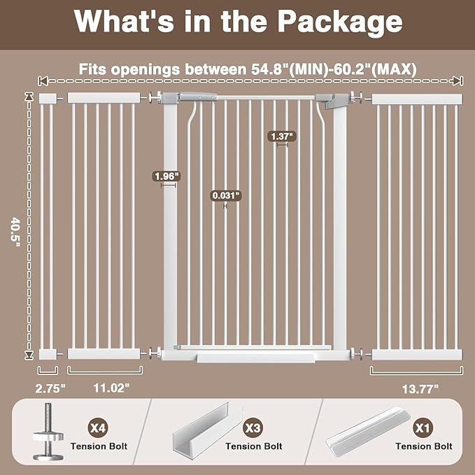 41" Extra Tall Baby Gate for Doorways and Stairs No Drill, Adjustable 54.8-60.2" Auto Close Dog Gate Indoor, Pressure Mounted Walk Through Swing Wide Pet Gate, Tall Cat Gate with Expansion Kit, White