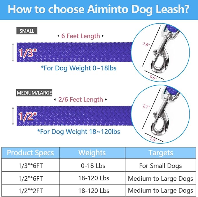 Dog Leash, Braided Rope Traction – Walking Training Lead for Medium/Large Dogs ((1/2") x 2FT, Purple)