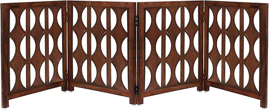 Wooden Foldable Pet Dog Safety Gate - 4 Panels Arc 20 W x 24 H- Hand Carved Solid Wood & MDF- Free Standing Portable Indoor Doorway Hall Stairs Puppy Fence -Fully Assembled- Cinnamon Brown -IRONGATE