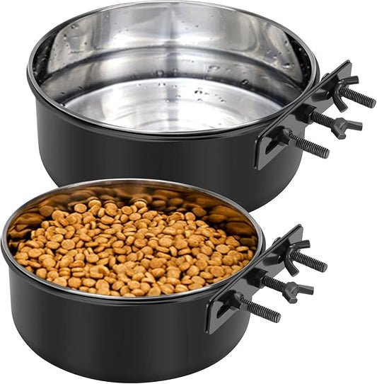 Dog Crate Water Bowl No Spill 2 Pack,Stainless Steel Dog Bowls for Food and Water, Pet Kennel Hanging Dogs Food Bowls for Medium/Large Dogs and Cats (7.1"x2.6" & 6.3"x2.6", Black)
