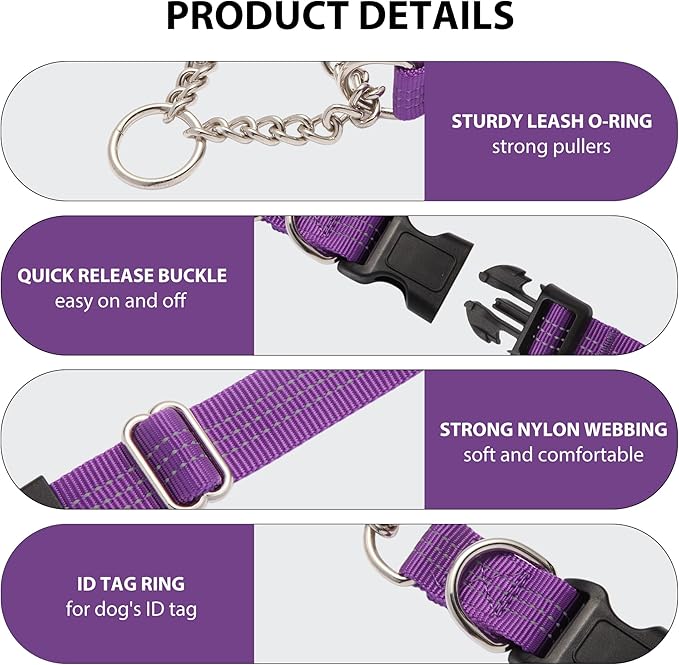 Martingale Dog Collar with Quick Release Buckle Steel Chain No Pull Training Reflective Collar for Medium Large Dogs(Purple, Large)