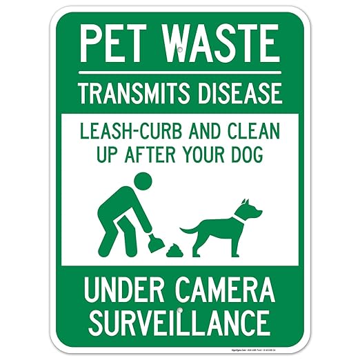 Pet Waste Leash-Curb and Clean Up After Your Dog Under Camera Surveillance Sign, (SI-63188) 18x24 Inches, Rust Free .063 Aluminum, Fade Resistant, Made in USA