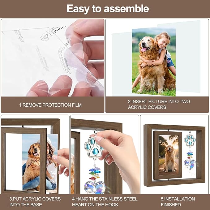 Dog Memorial Gifts for Loss of Dogs, Dog Memorial Picture Frame, 4x6 Photo Rotating Wooden Frame, Loss of Dogs Sympathy Gift with Paw & Heart Pendant