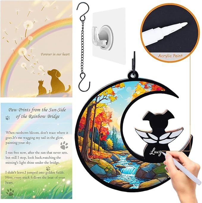 Dog Angel Memorial Suncatcher with Rainbow Bridge Poem Card, Pet Sympathy Gifts for Loss of Dogs and Cats, Natural Landscape 2