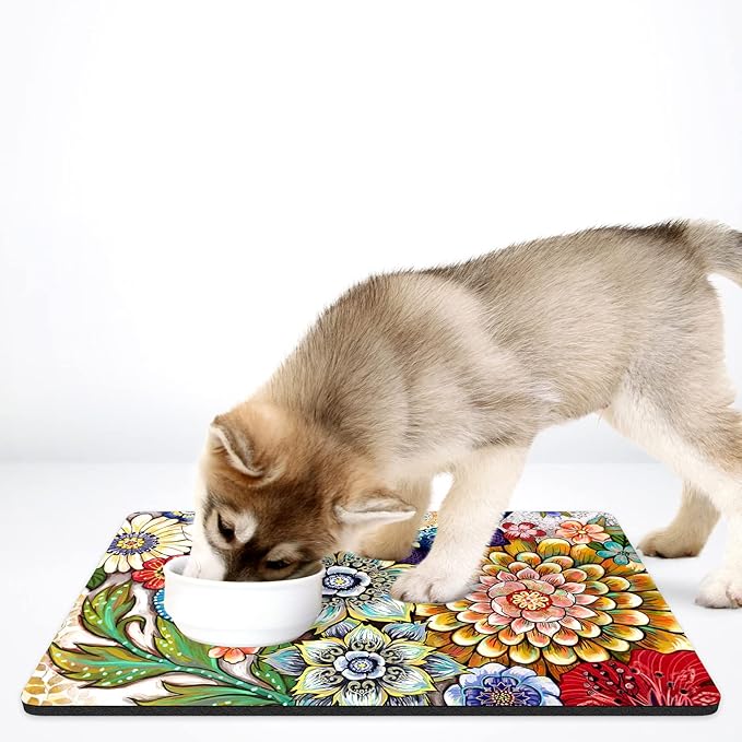 Rnivvi Dog Food Mat, 16" x 24" Flower Absorbent Dog Cat Bowl Mat for Food and Water, Cute Anti-Slip Rubber Pet Feeding Rug Protect Floors, Puppy Placemat for Feeding & Watering Supplies,Mandala Floral