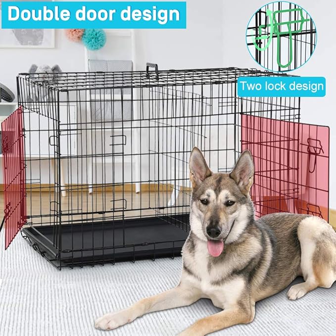 42/48 Inch Dog Crate Extra Large Double-Door Dog Kennel with Plastic Tray & Divider, Indoor Outdoor Folding XL XXL Dog Cage Pet House