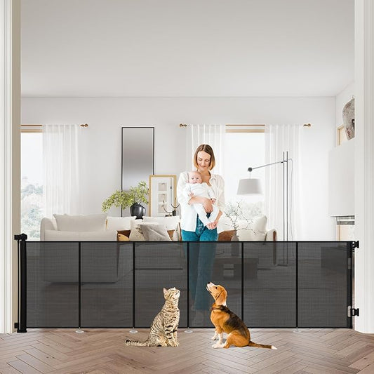 34" Tall Retractable Baby Gates, Extra Wide 118" Retractable Safety Gate with Reinforced Strips, Extra Long Dog Gate for Large Openings & Doorways Mesh Pet Baby Gates Indoor & Outdoor, Black
