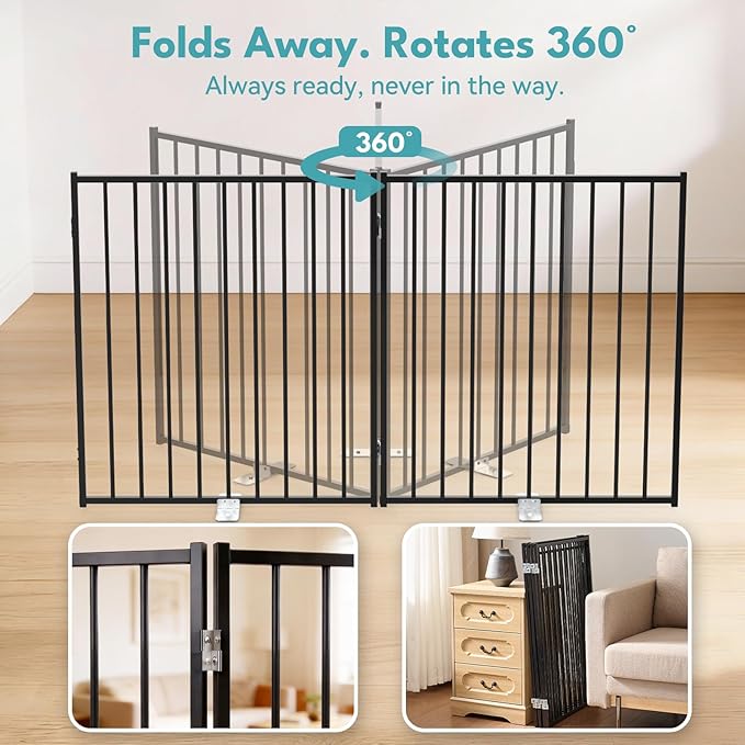 No Pawblems Free Standing Dog Gate with Door, 30'' Tall Foldable Dog Fence for Indoor & Outdoor, Up to 104 Inch Extra Wide Puppy Gate for Stairs, Hallways, Doorways, Deck, Yard (Black, 4 Panels)