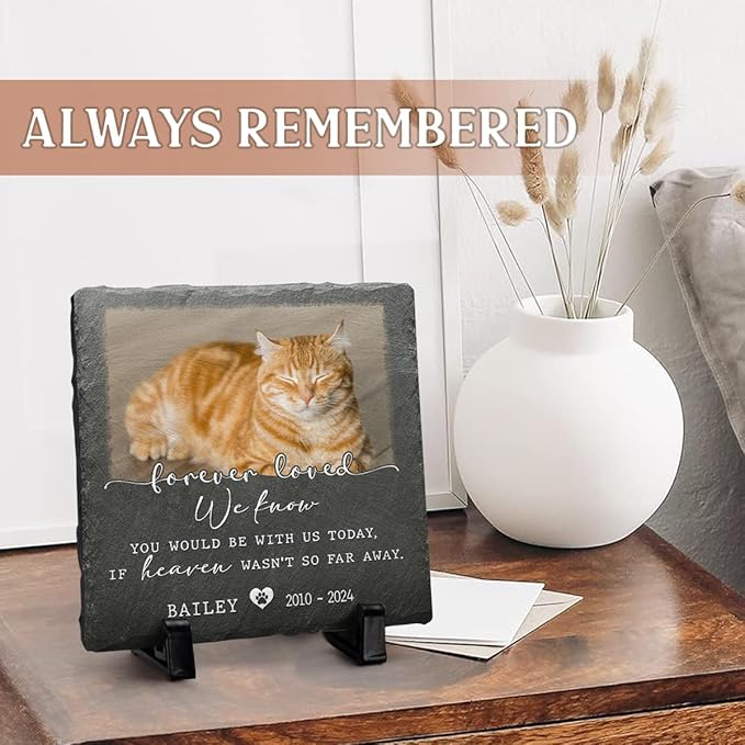 Pet Memorial Stone - Square Shaped & Personalized Sympathy Gift Baskets, Heaven Not Far Phrase, Forever Loved Dog & Cat Plaque, Ideal for Those Whose Pets Passed Away