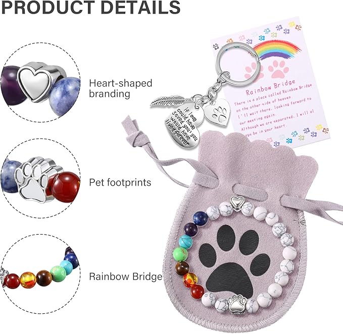 Jadive 9 Pcs Pet Memorial Gifts Sympathy Rainbow Memorial Bracelet Keychain with Poem Cat Card Dog Loss Remembrance Gifts for Men Women Who Loss of Beloved(Classic Style)
