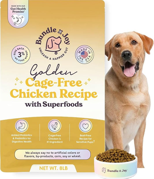 Bundle x Joy Golden Probiotic Dog Food Dry, Chicken, 8lb Bag, Allergy and Gut-Friendly Adult Kibble for Digestive Health with Cage-Free Chicken, 20 Plant Based Superfoods, Beef and Grain Free