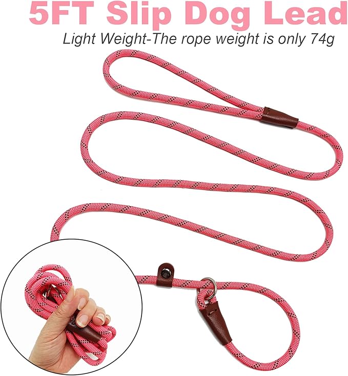 Slip Lead Dog Leash, 1/4" x 5ft No Pull Slip-on Training Leash for Small and Medium Dogs (Pink, 1/4" x 5Ft)