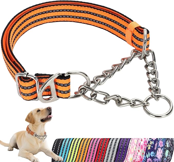 No-Pull Martingale Dog Collar for Medium Large Extra Large and XXL Dogs- Reflective Padded Strap & Durable Chain, Anti-Escape Design for Safe Walks & Training(Orange XL)