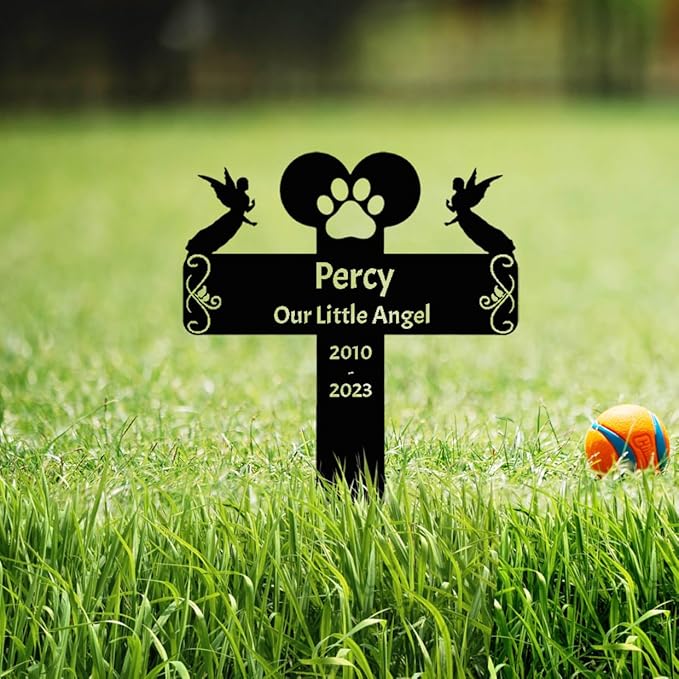 Custom Dog Cat Pet Grave Marker Metal Pet Memorial Stake with Angels, Personalized Paw Memorial Garden Stake Plaque, Remembrance Cross Pet Memorial Gifts Cemetery Yard Grave Decor