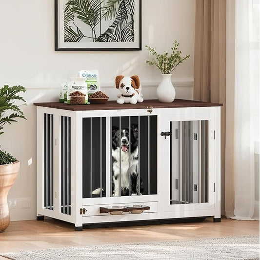 39.4" Dog Crate - Wood Dog Kennel Furniture with Removable Tray & 360° Rotating Feeder | White Dog Cage for Living Room, Bedroom, Indoor Sturdy Pet End Table for Medium & Large Dogs | Easy Assembly