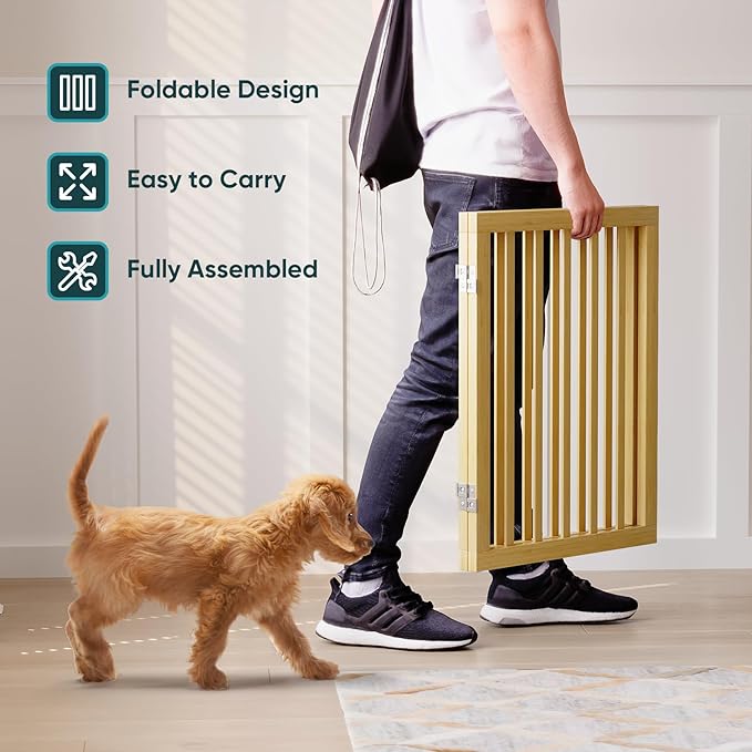 Semiocthome Dog Gate Indoor 2-Panel Freestanding Puppy Fence for House with 2 Metal Stands 24" H Folding Wood Pet Safety Fence for Stairs Doorway, Fully Assembled - Natural