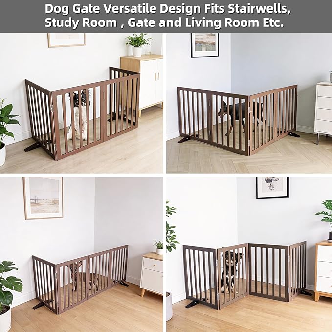 Dog Gate Indoor, Freestanding Dog Fence for The House, Doorways, Hallways,or Stairs,Pet Gate Foldable Wooden,Expandable 32" Height 4 Panels,Brown