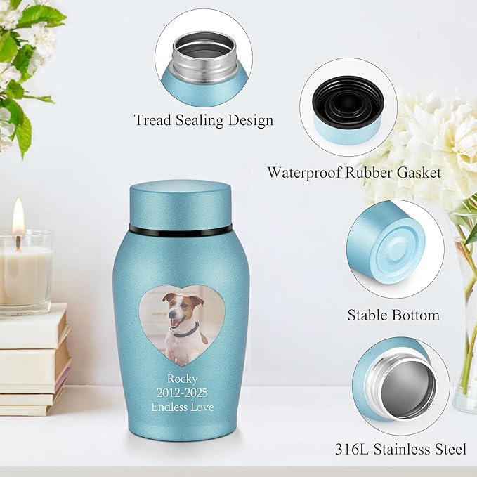 abooxiu Photo Custom Small Urn for Dog Cat Ashes Pet Memorial Urns for Ashes Stainless Steel Cremation Keepsake Urn Photo Personalize Pet Memorial Gifts for Dog Cat-Blue