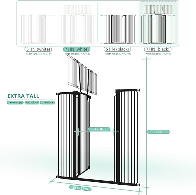 Jiprlak51 Extra Tall Cat Gate for Doorway – 30"-49.27" Extra Wide Pet Gate with Adjustable Cat Door Wide,Auto Close, Pressure Mounted, Pet Gate for Cats & Small Dogs, Hallway, Stairs, Kitchen