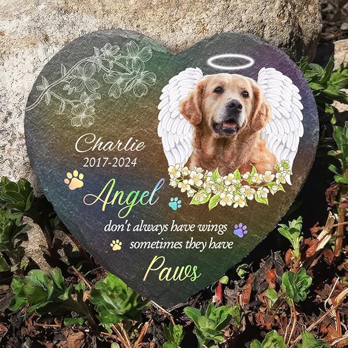 Wrappiness Pet Memorial Stone - Angels Sometimes Have Paws, Personalized Dog Memorial Gifts, Remembrance Condolences Bereavement Gifts for Loss of Pet Custom Photo (Heart 07, Stone)