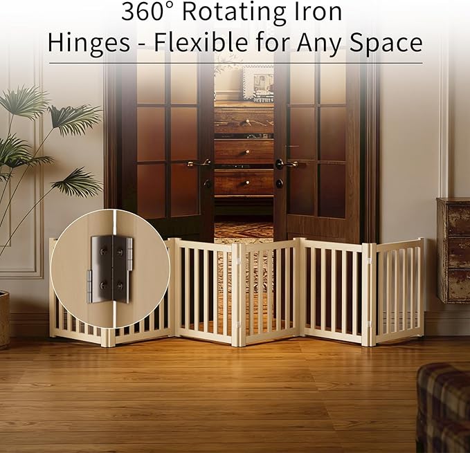 6-Panel Solid Wood Dog Gate - Freestanding Folding Pet Gate for Doorways, Stairs, Indoor, 24" Height, No Installation Needed, Natural Wood