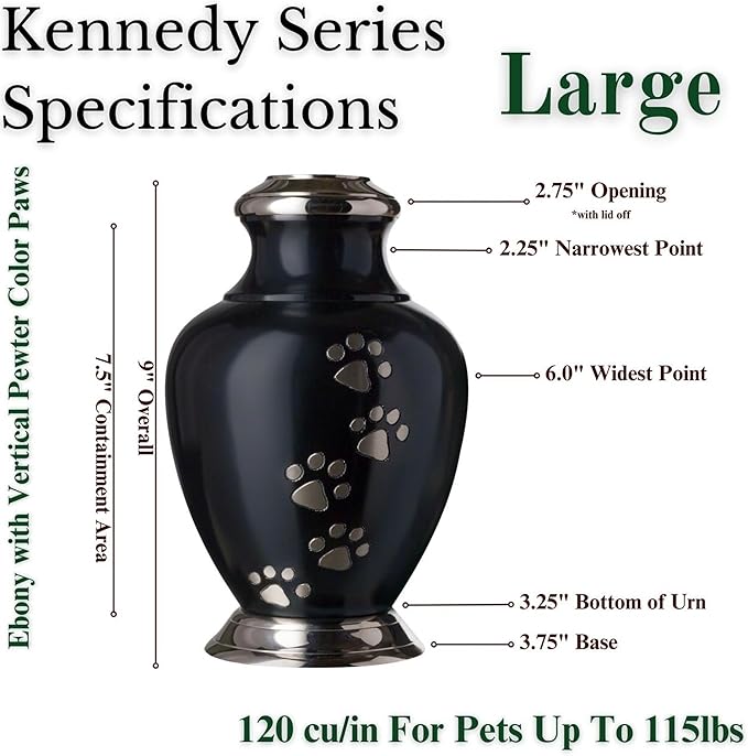 Kennedy Paws Series Pet Urn for Dogs, Handmade Aluminum Memorial Cremation Urn (Large - Pets up to 115 lbs, Ebony)