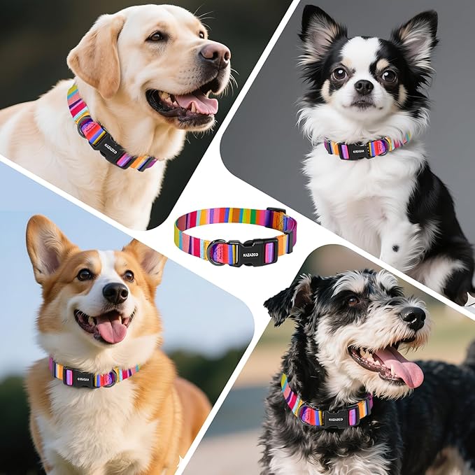 Kazazoo Dog Collar Cute and Soft Nylon Puppy Collar for Boy and Girl, Adjustable Dog Collars for Small Medium Dogs, Rainbow-M