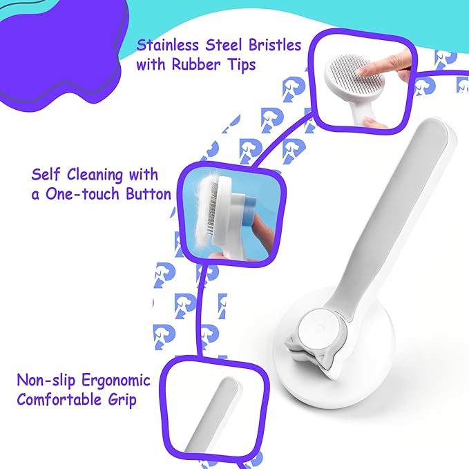 Self-Cleaning Cat and Dog Grooming Brush - Fur Removal, Gentle on Skin. Ergonomic Design with Stainless Steel Bristles. Suitable for All Coat Types - Durable, Long-Lasting Pet Brush (Gray)