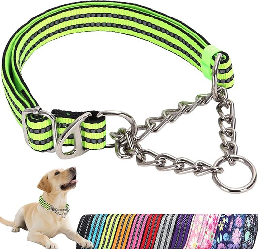 Reflective Martingale Dog Collar - Heavy Duty No-Pull Training Collar with Dual D-Rings, Adjustable Choke Chain Design & Soft Padded for American Bulldog Bullmastiff - Green XXL