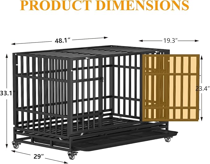 48 Inch Heavy Duty Dog Crates, Escape Proof Dog Cage Large Dogs with Wheels, Indestructible Steel Dog Cage with Upgraded Reinforced Baseplate for High Anxiety Dogs, Dog Kennel Indoor Outdoor