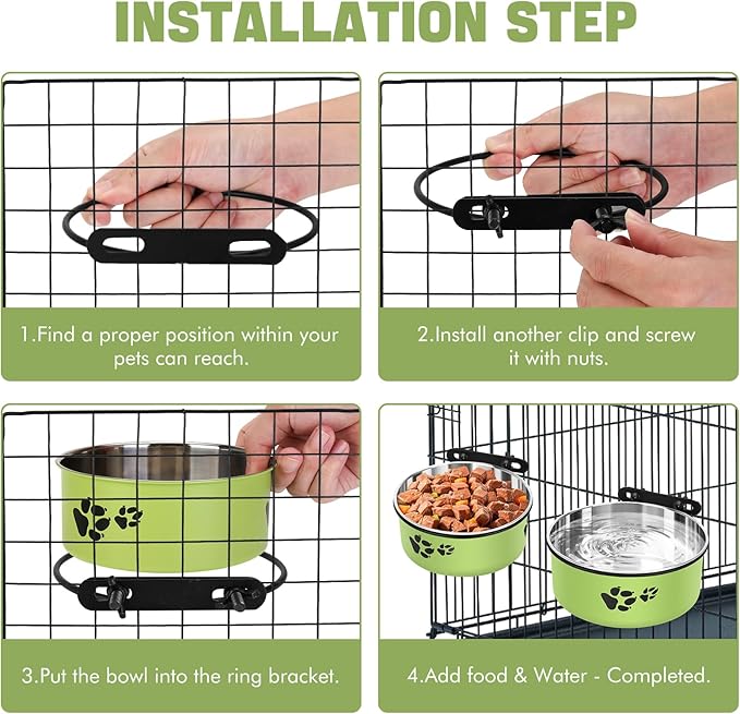 Dog Crate Bowls, ShineMe Stainless Steel Dog Kennel Bowls for Crates, Spill Proof Dogs Dishes That Attach to Crate Kennel Cage for Small Medium Size Dogs Cats, Set of 2, Green (6.2x2.6” & 5.5x2.4”)