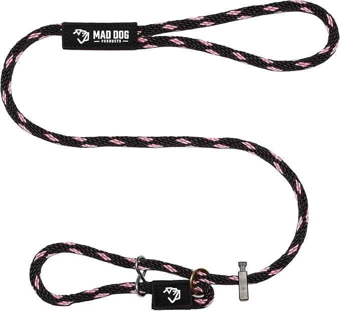 Mad Dog Products Easy Leader Dog Leash 3/8" x 8' Black/Pink Signature Rope - Made in USA