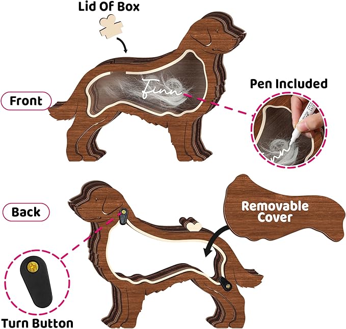 9" Golden Retriever Dog Hair Keepsake Box, Wooden Pet Urns for Dogs, DIY Pet Loss Sympathy Gifts, Unique Gift Dog Shape Standable Table Decor, Idea Gift for Pet Lover Storing Fur Teeth Ashes PSD6-15L