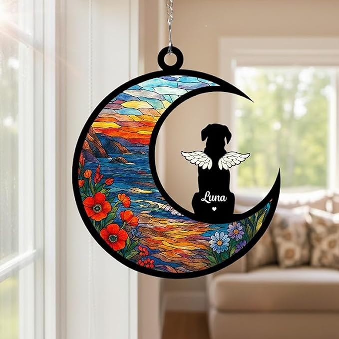 Personalized Dog Memorial Ornament with Name & Breed, Custom Pet Loss Sympathy Gift, in Loving Memory Rainbow Sun Catcher, Unique Window Decoration for Dog Lovers