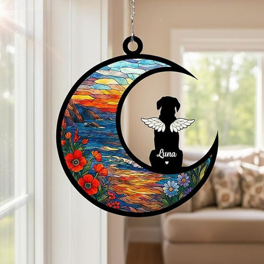 Personalized Dog Memorial Ornament with Name & Breed, Custom Pet Loss Sympathy Gift, in Loving Memory Rainbow Sun Catcher, Unique Window Decoration for Dog Lovers
