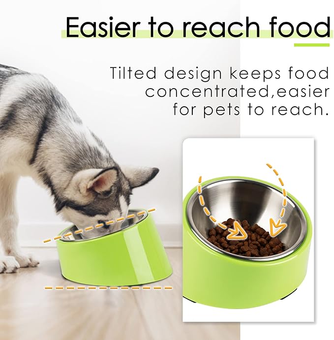 SuperDesign Small Tilted Dog Bowl for Flat-Faced Breeds, Slanted Bulldog Feeder with 2 oz / 0.5 Cup Capacity, 15° Angled Feeding Bowl for Puppies, Cats & Small Dogs, Green