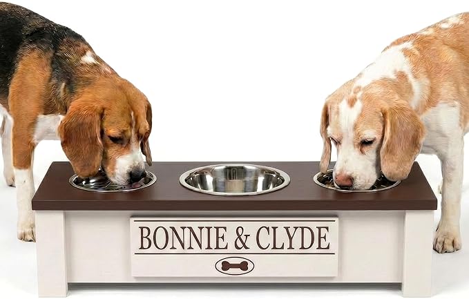 GTW Elevated 3 Bowl Dog Feeding Station - Customized Triple Stand for Small Dog Breeds - Includes Storage & Stainless Steel Bowls (Small, Brown)