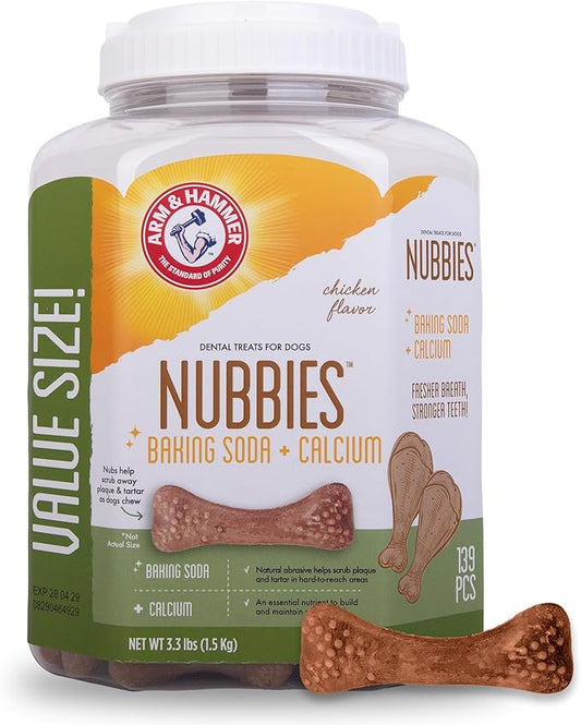 Arm & Hammer for Pets Nubbies Dental Treats Value Size - Baking Soda & Calcium Dog Dental Chews, Helps Scrub Plaque & Tartar While Chewing, Chicken Flavor, 139 Count, 52.8 Oz - 6 Pack