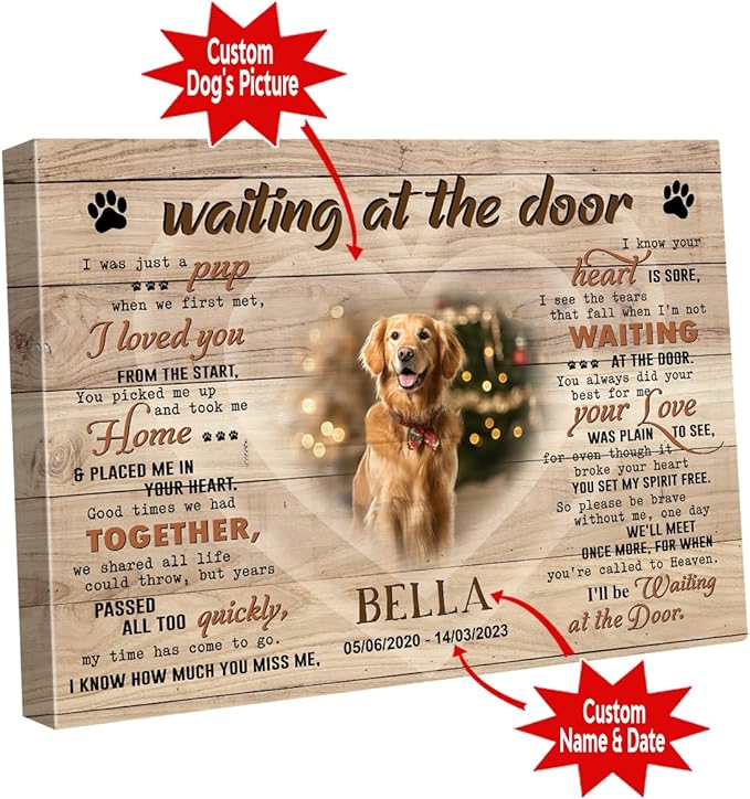C80716 Personalized Memorial Canvas Gifts, Waiting At The Door, Dog Memorial Frames with Pictures, Gift For Dog Lover Mom Dad, Bereavement Sympathy