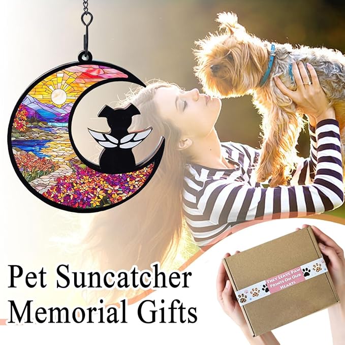 Dog Angel Memorial Suncatcher with Rainbow Bridge Poem Card, Pet Sympathy Gifts for Loss of Dogs and Cats, Natural Landscape