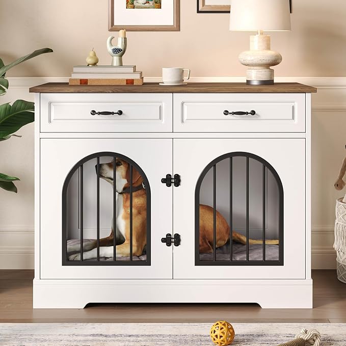43.3" XL Dog Crate Furniture for Small and Medium Dog, Heavy Duty Indoor Dog Kennel with 2 Storage Drawers, Wooden Decorative Dog Cage with Side Doors, End Table Dog Crate, White