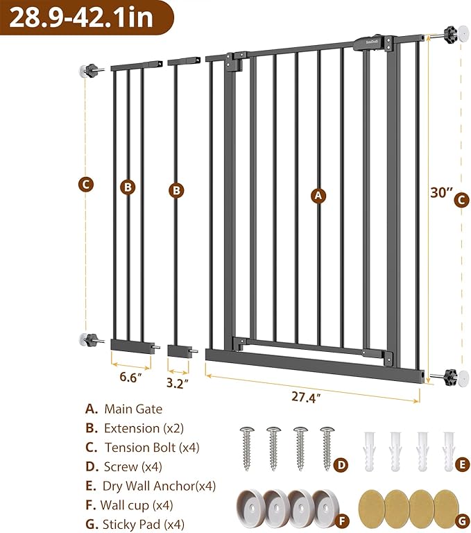 InnoTruth Baby Gate for Stairs 28.9-42.1" Wide, 30" Tall Easy Step Walk Through Expandable Dual Lock Dog Gates for The House，Pressure Mounted Easy Install Pet Gate for Doorways, Black