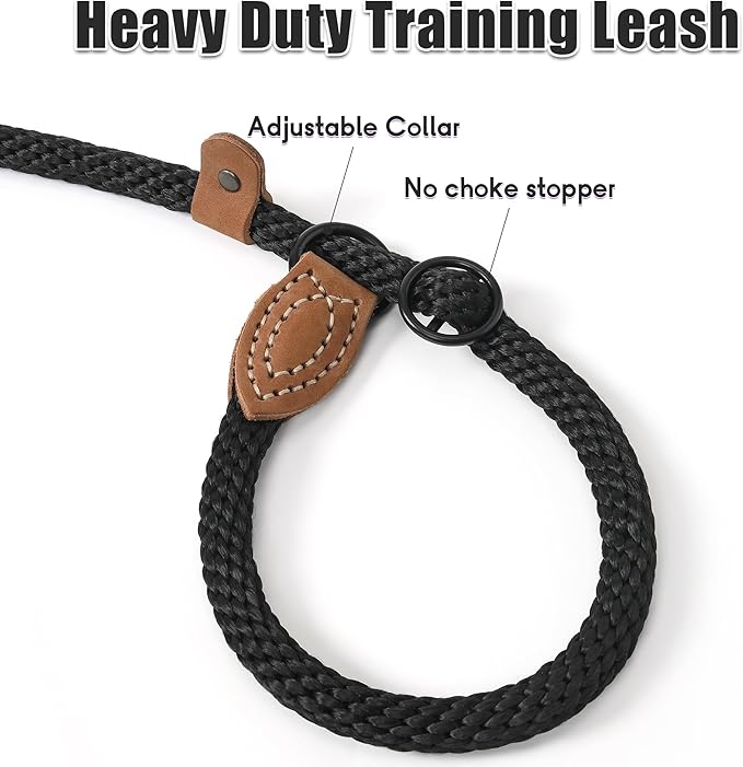 Mile High Life Slip Leads for Dogs | Heavy Duty Dog Training Leash | 5 Feet No Pull Slip Leashes w Leather Tip | Black Rope Lead for Dogs Outside