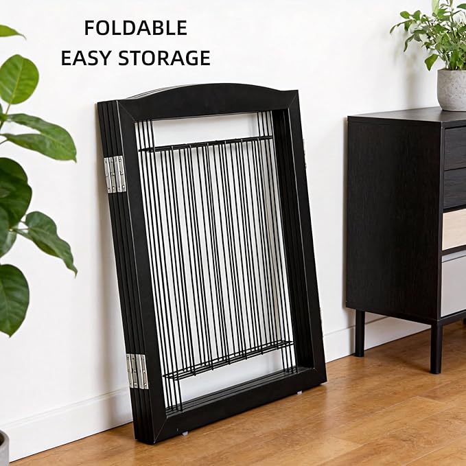 Dog Fence Indoor,Dog Gate Indoor for Doorway pet gate -3-Panel Freestanding, Hallways, House or Stairs -60x24-Inch Retractable Foldable Expandable Wood Pet by SFJC (Black) ﻿