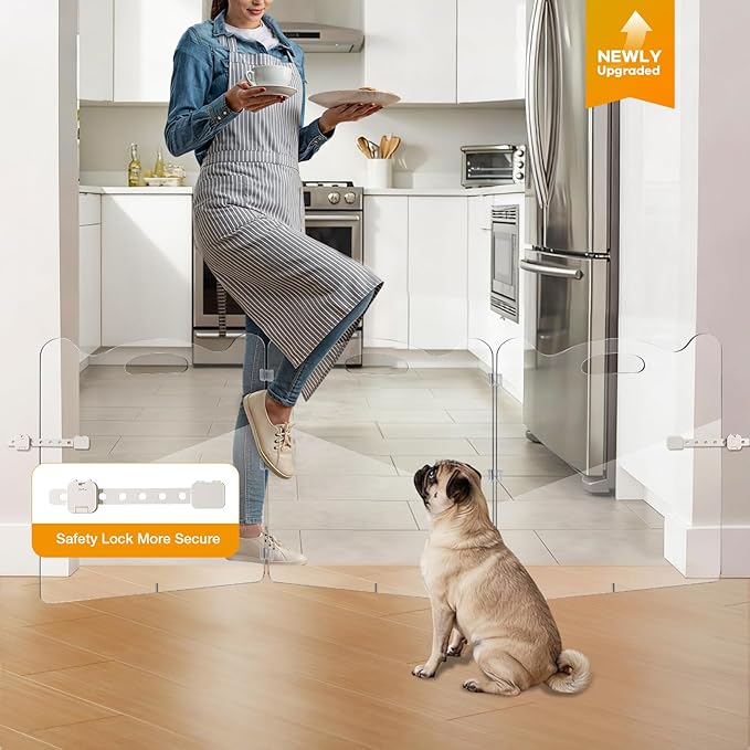 24"Tall Clear Dog Gate Acrylic,3-Panel Clear Pet Gate Foldable,Fluorescent Sticker,Avoid Collision At Night,Safety Lock For More Security,For Doorway,Stair,Protect Decoration,For Small And Medium Pet