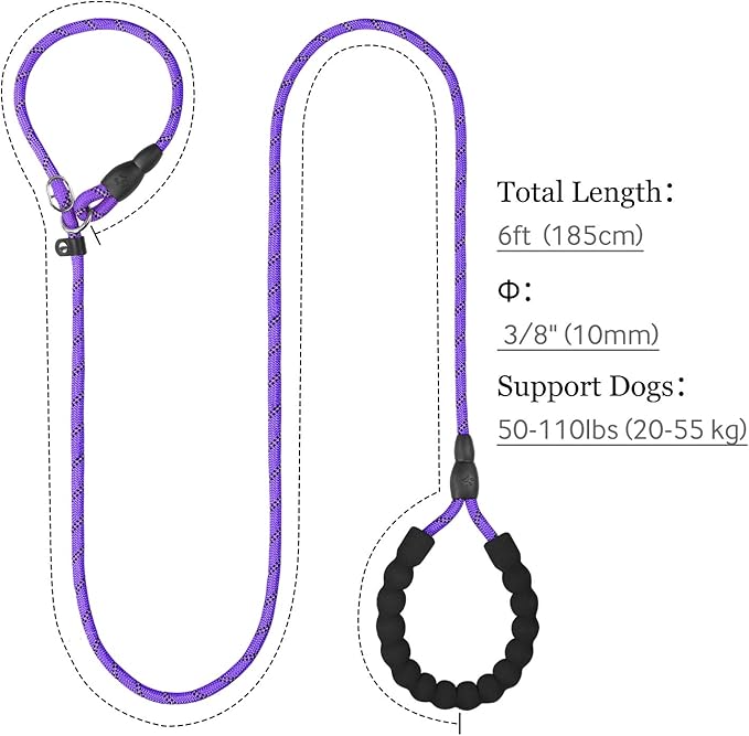 TagME Slip Leads for Dogs that Pull, 6 FT No-Pull Training Leash with Lock, Escape-Proof Design, Reflective & Padded Handle for Medium Dogs, Purple