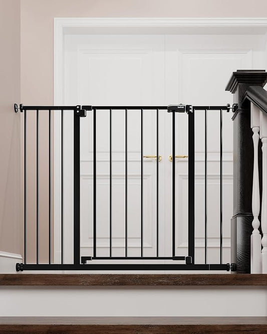 InnoTruth Baby Gate for Stairs 28.9-42.1" Wide, 30" Tall Easy Step Walk Through Expandable Dual Lock Dog Gates for The House，Pressure Mounted Easy Install Pet Gate for Doorways, Black